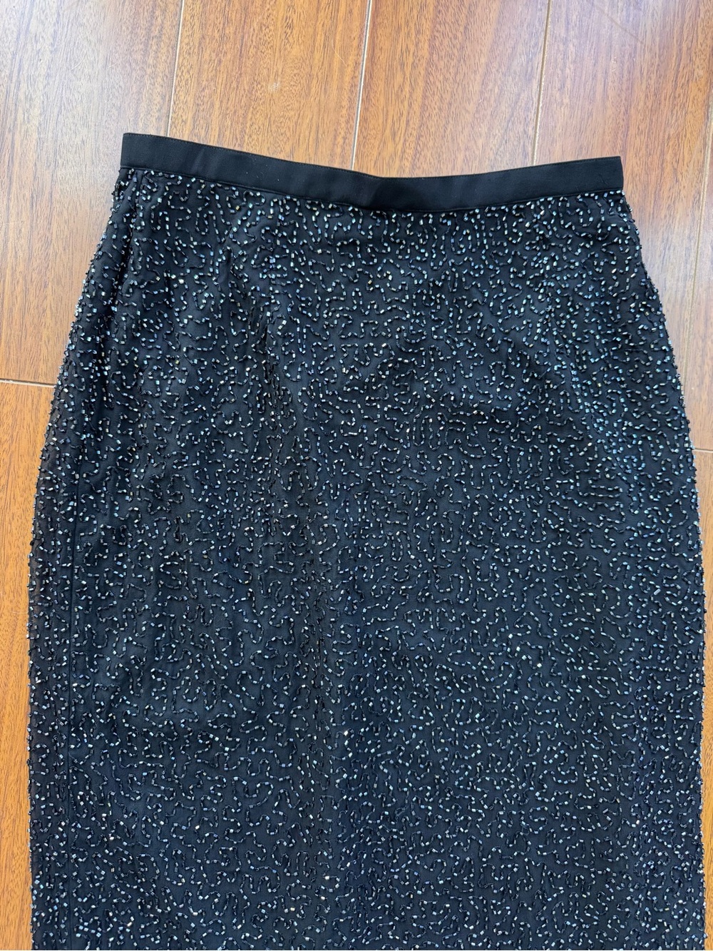 Cache Vintage Silk Black Beaded Elegant Y2K Vampy Maxi Skirt with Subtle Sparkle